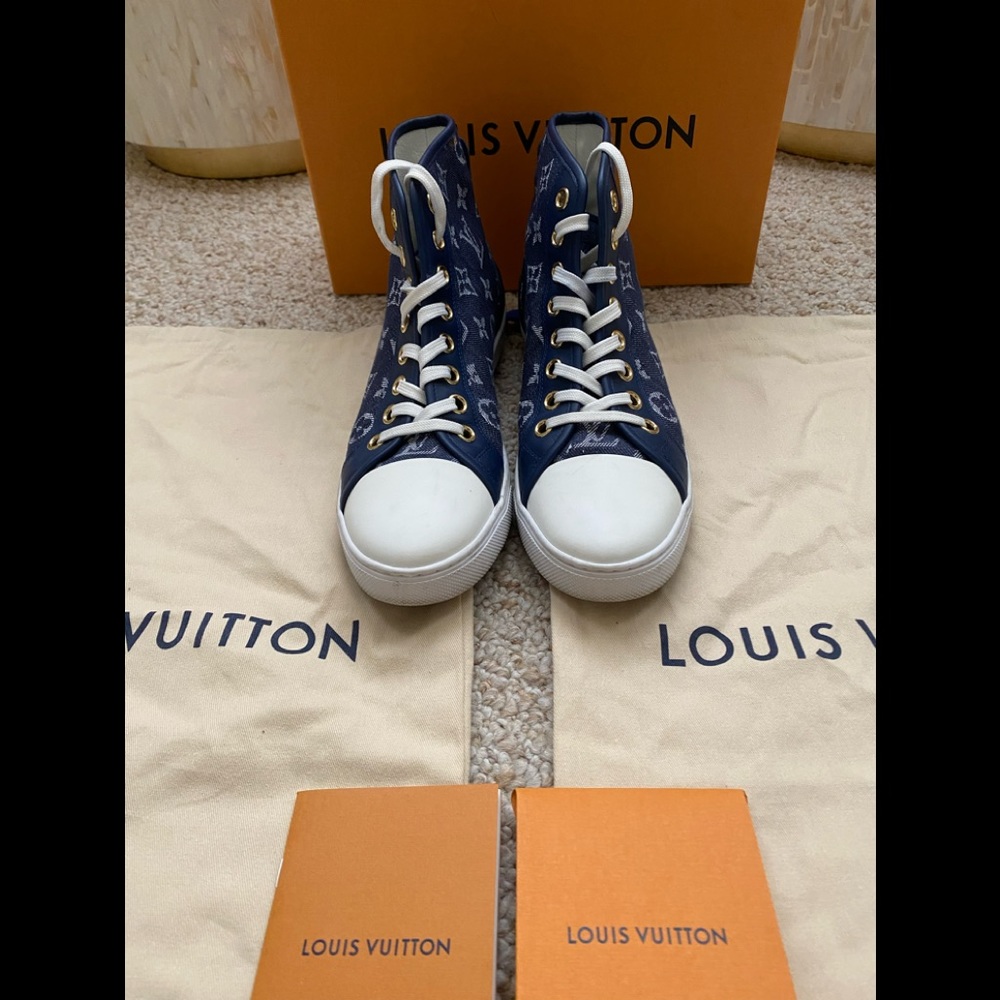 LOUIS VUITTON DENIM & LEATHER HIGH TOP SNEAKERS